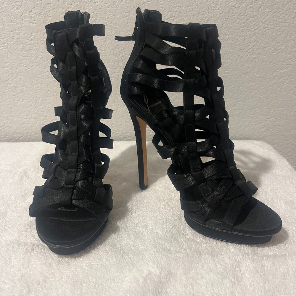 Brian Atwood, Black, Satin Woven, 5" Heel Shoe. Size 7